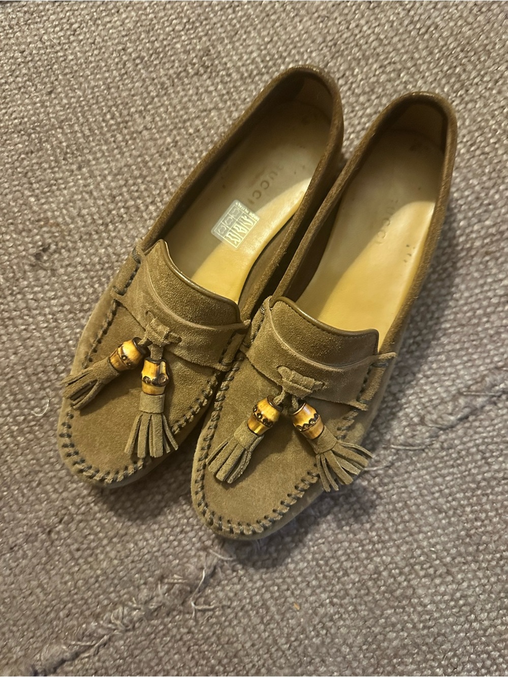 Gucci bamboo accent tan suede tassel loafers